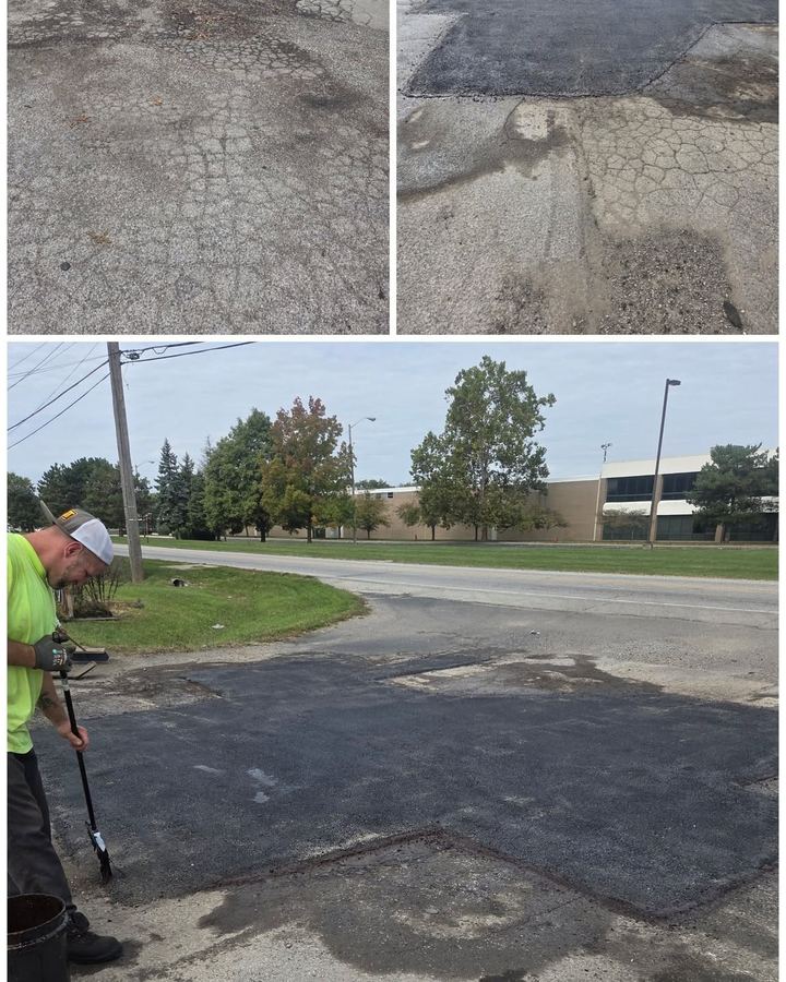 Before and after of a parking lot patch with a crew member raking fresh asphalt