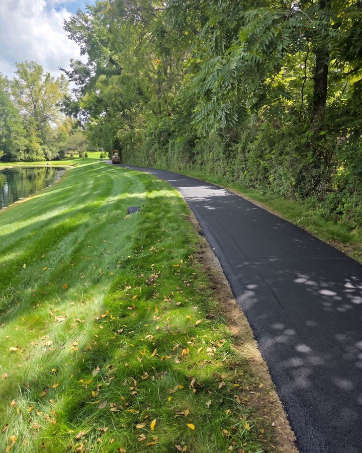 Newly paved walking path beside a pond